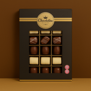 מארז 18 שוקולדים בלגיים איכותיים מבית Chocolatina – בטעמי רוזמרי, וניל ונוגט בלגי.