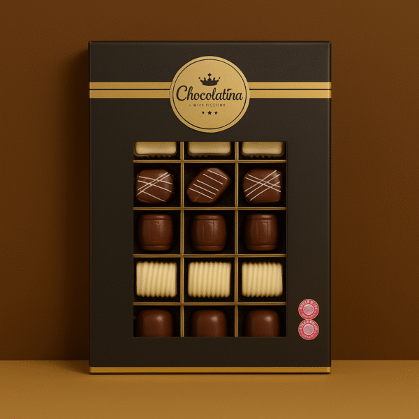 מארז 18 שוקולדים בלגיים איכותיים מבית Chocolatina – בטעמי רוזמרי, וניל ונוגט בלגי.